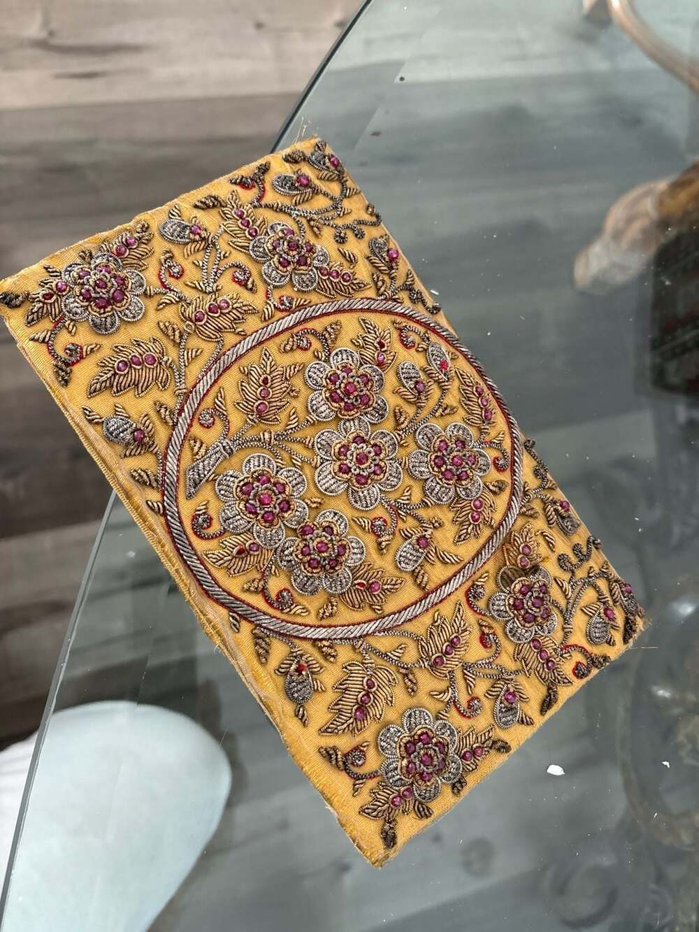 Hand Embroidered Silk Handbag: Zardozi Floral Evening Bag With Rubies - ,
